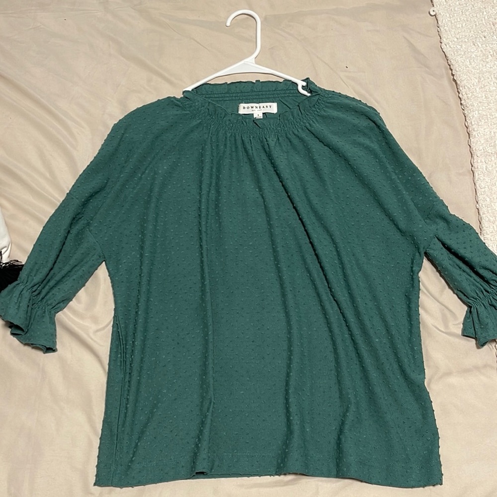 Like new :) has fun ruffles at end of sleeves and polka dotted texture.
